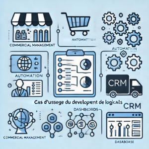 Scène minimaliste illustrant plusieurs cas d’usage : CRM, gestion de stock, automatisation et intégration de logiciels métiers