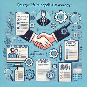 Icônes de collaboration, support technique, qualité du code et expertise, représentant les atouts de l’accompagnement par Asknowlogy