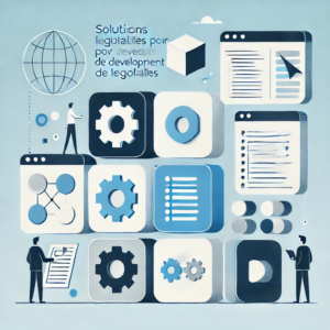 Illustration professionnelle représentant des solutions logicielles personnalisées et évolutives, sous forme de modules interconnectés, dans une interface épurée aux couleurs bleu foncé et bleu clair