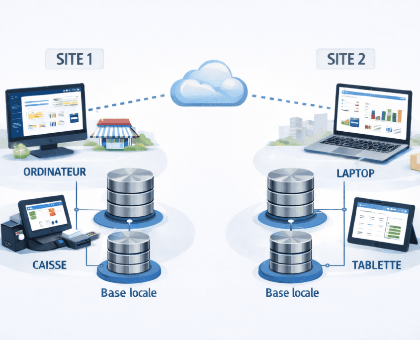 Architecture ERP multi-sites avec bases de données locales par poste et synchronisation cloud entre sites distants
