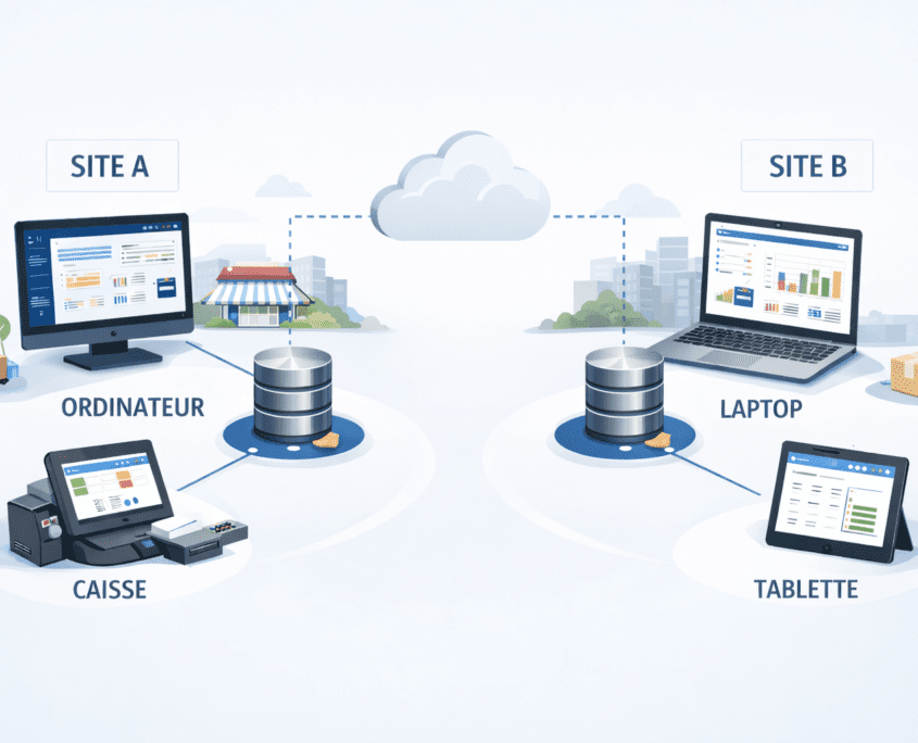 Architecture ERP multi-sites avec bases de données reseau partagée et synchronisation cloud entre sites distants
