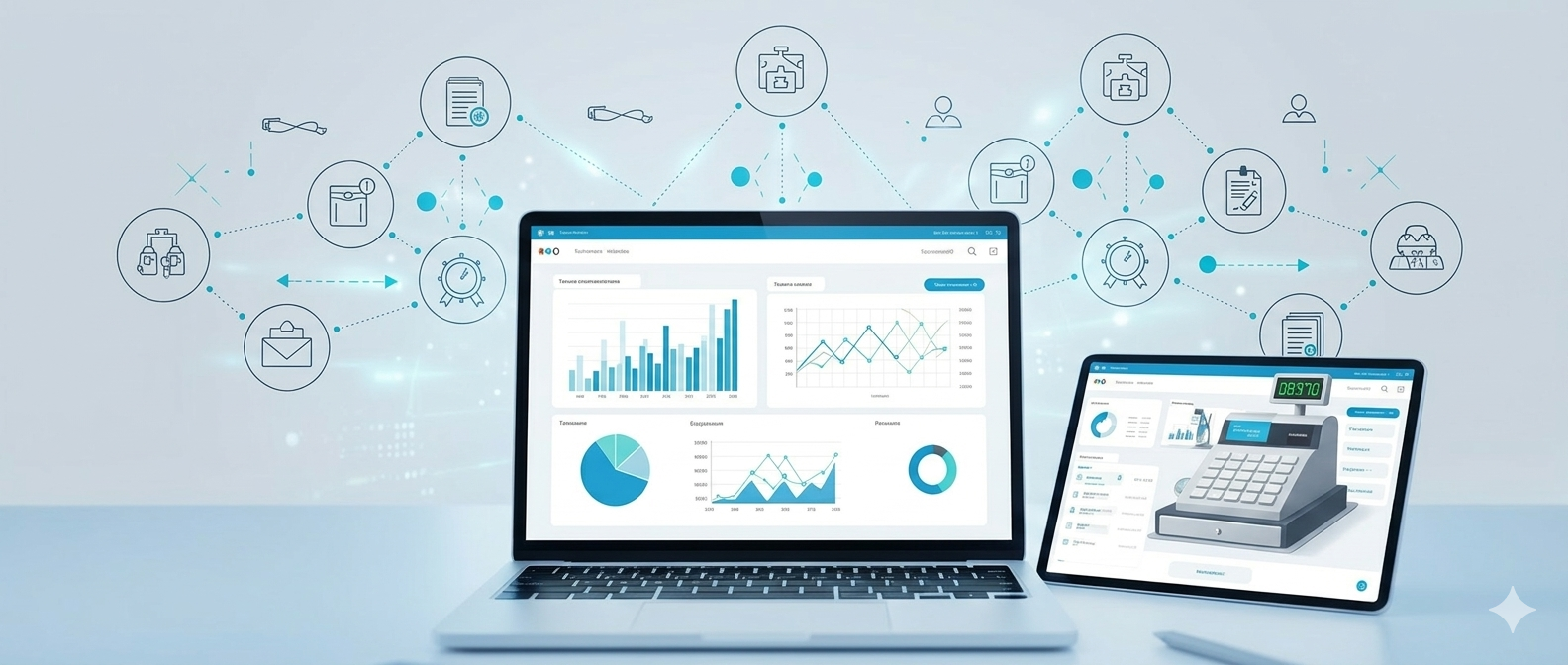 banniere-logiciel-gestion-erp-caisse Un ordinateur portable affiche des tableaux de bord et une tablette une interface de caisse, entourés d'icônes interconnectées symbolisant la gestion commerciale, les stocks, la finance et le service client