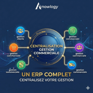 Infographie présentant la solution de gestion centralisée Knowlogy ERP. Le globe central affiche « CENTRALISATION GESTION COMMERCIALE » relié à six icônes représentant différents départements : gestion clients, gestion commerciale (shopping), gestion commerciale (document), gestion commerciale (personnel), et gestion commerciale (logistique)