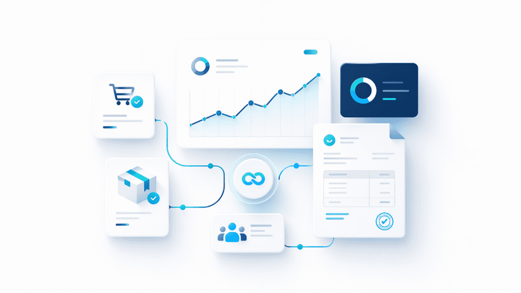 Illustration premium d’un logiciel de gestion commerciale ERP avec tableau de bord, facturation, gestion des stocks, commandes et reporting